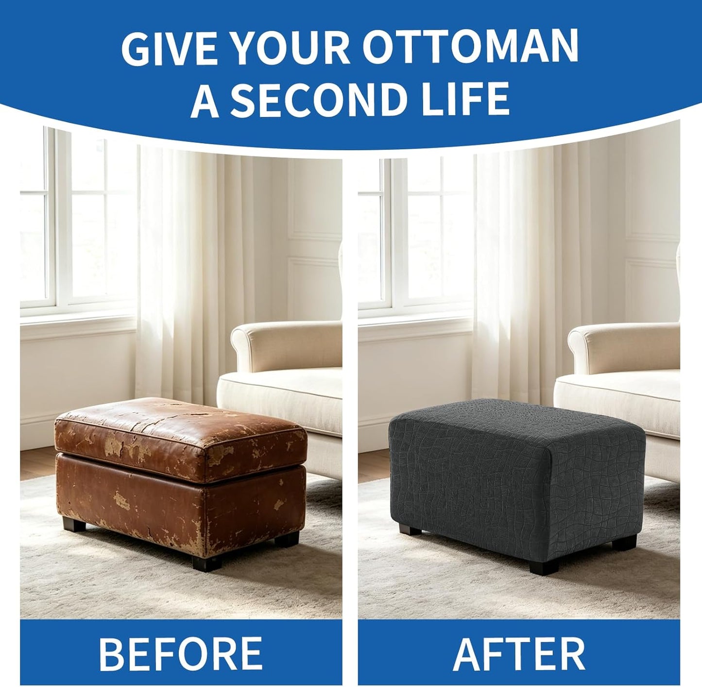 Waterproof Ottoman Covers Ottoman Slipcovers Folding Storage Stool Washable Furniture Protector,Elastic Foot Stool Foot Rest Protector for Living Room Bedroom,Large,Dark Gray