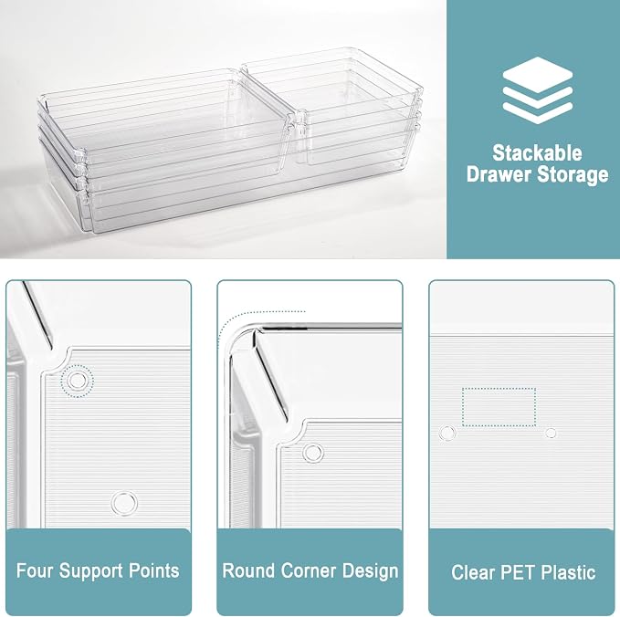 6 Pack Large Clear Plastic Drawer Organizer Trays, Desk Drawer Organizers and - Image 3