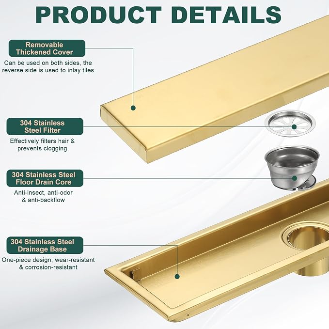 uxcell Rectangular Shower Drain, Brushed 304 Stainless Steel Odor-Proof Floor - Image 3