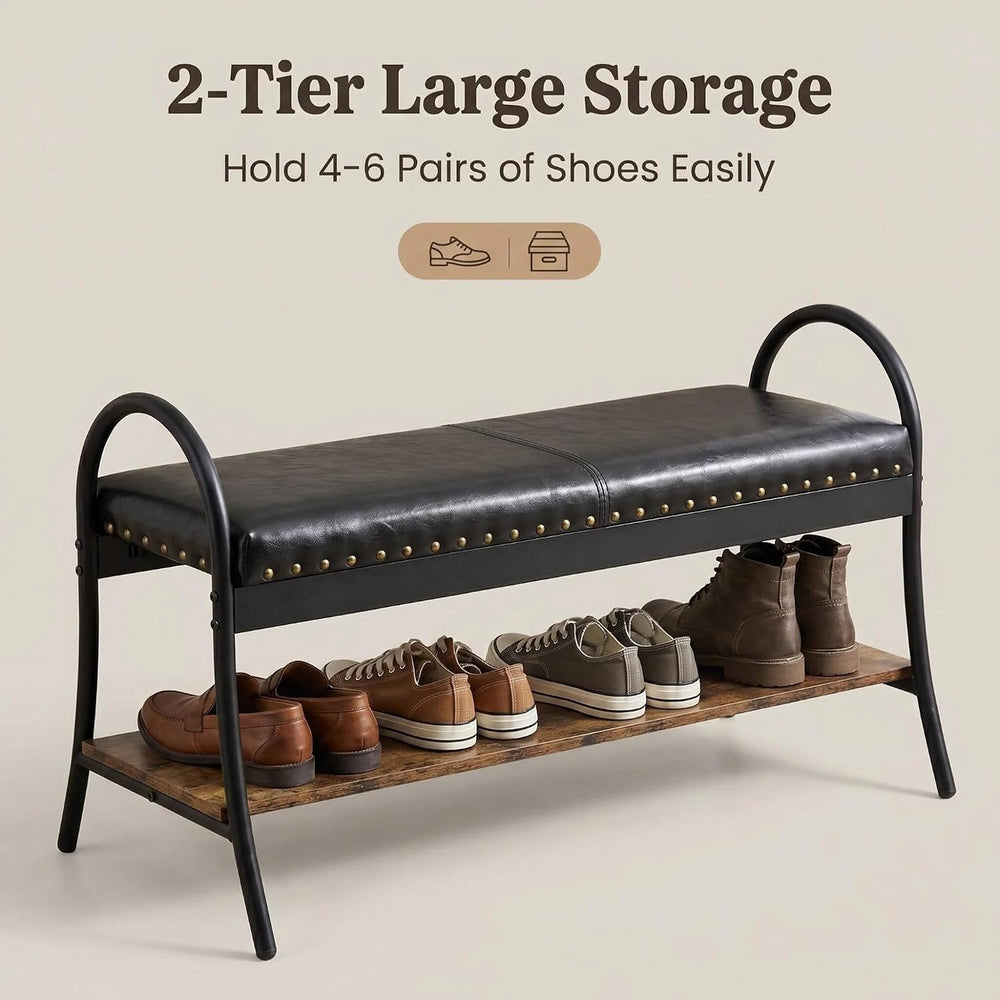Forteek 39.4" Shoe Bench with Shelf, Industrial Faux Leather Entryway Bench