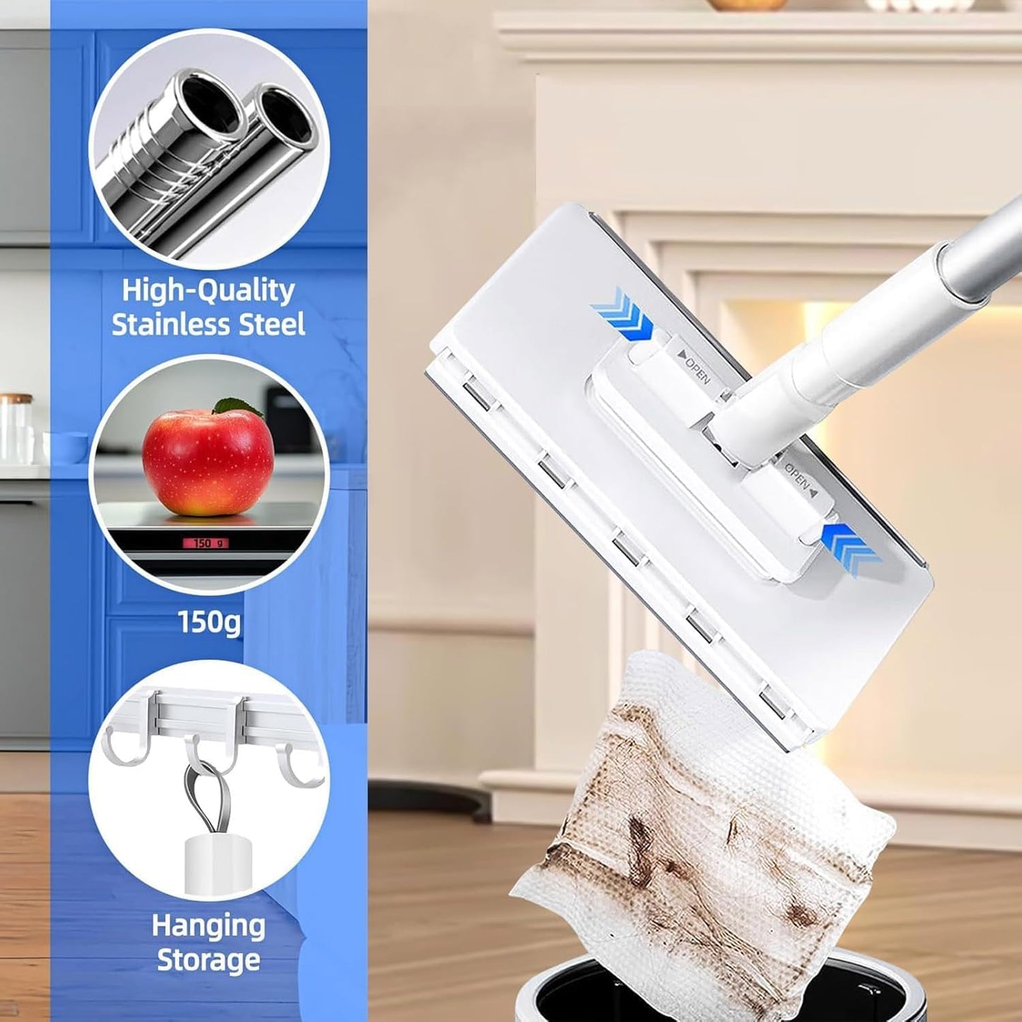 Snap Grip Mini Mop - No Wash Lazy Sweeper Mops, Zero Touch Disposable Dust Mop (Long Mop)