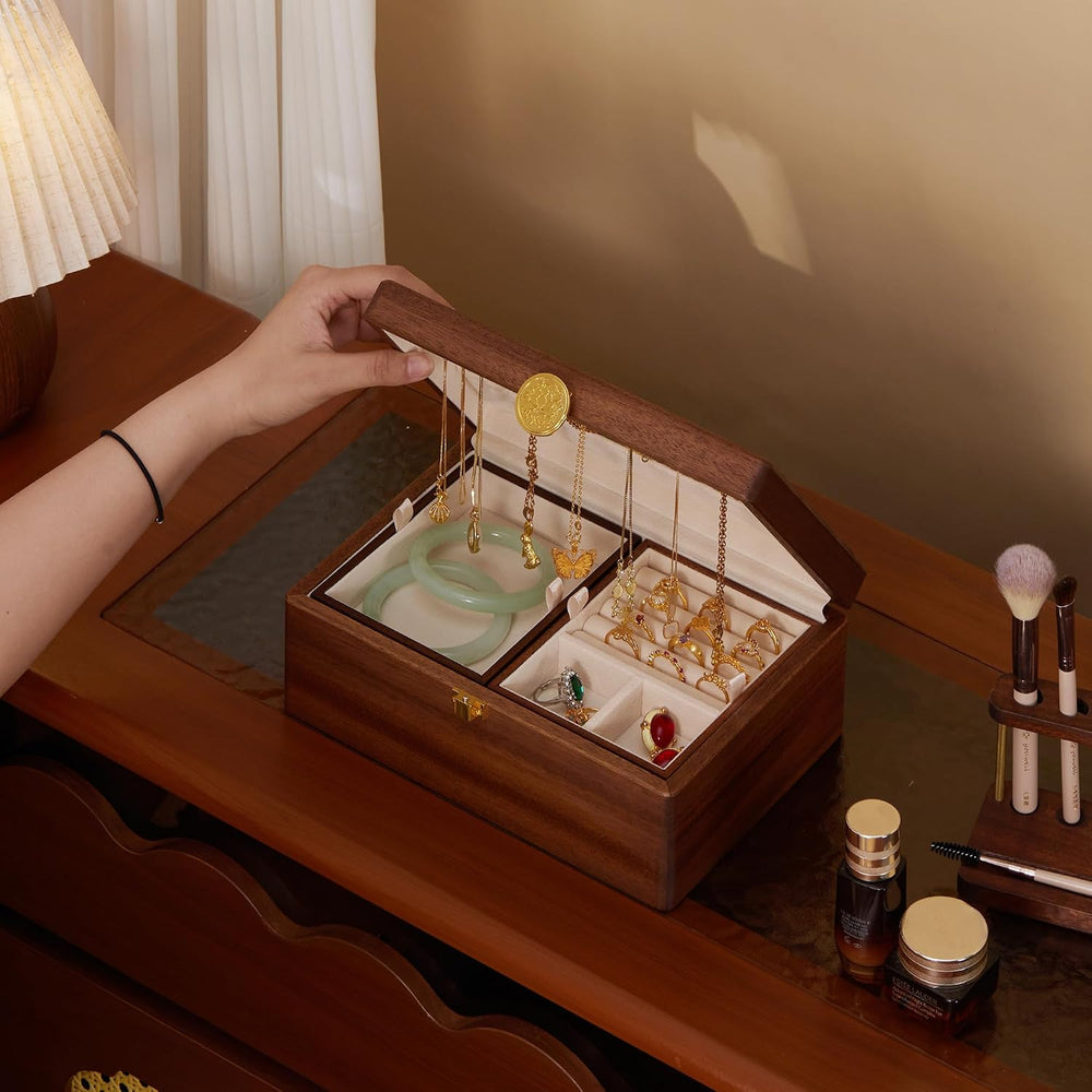 Wooden Jewelry Box For Women Jewelry Organizer Box With Lock 2 Layer Jewelry ...