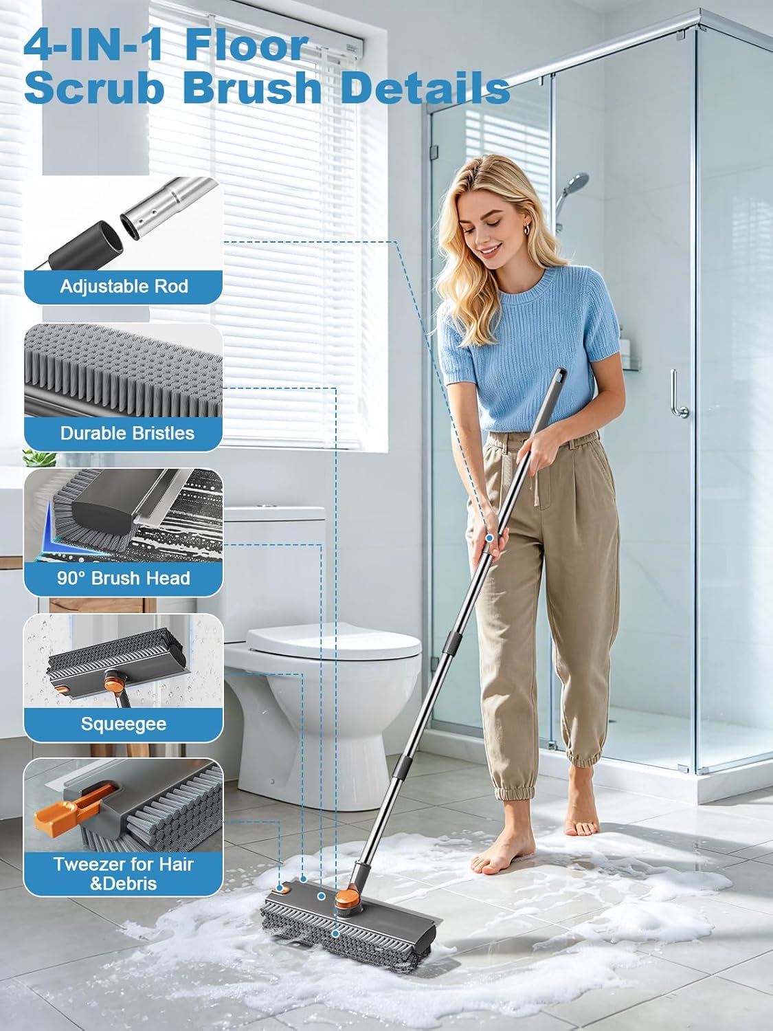 Floor Scrub Brush with Long Handle, 4 in 1 Shower Scrubber with Floor Squeegee and Heavy-Duty Stiff Bristle Push Broom for Cleaning Shower Bathroom Patio Pool Kitchen Wall Deck Tile Garage