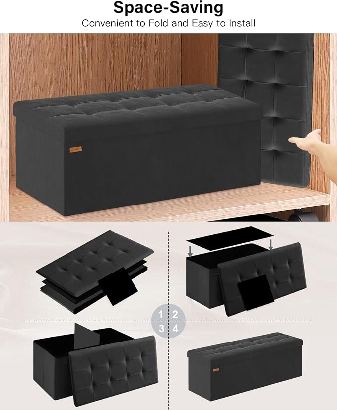 Folding Storage Ottoman, Velvet Storage Bench, Removable Divider, - Image 7
