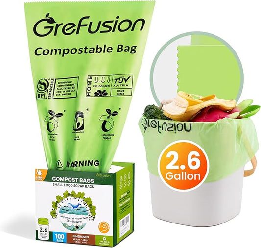 GreFusion 2.6 Gallon Compostable Trash Bags, Extra Thick 0.71 Mil, Certified by by GreFusion