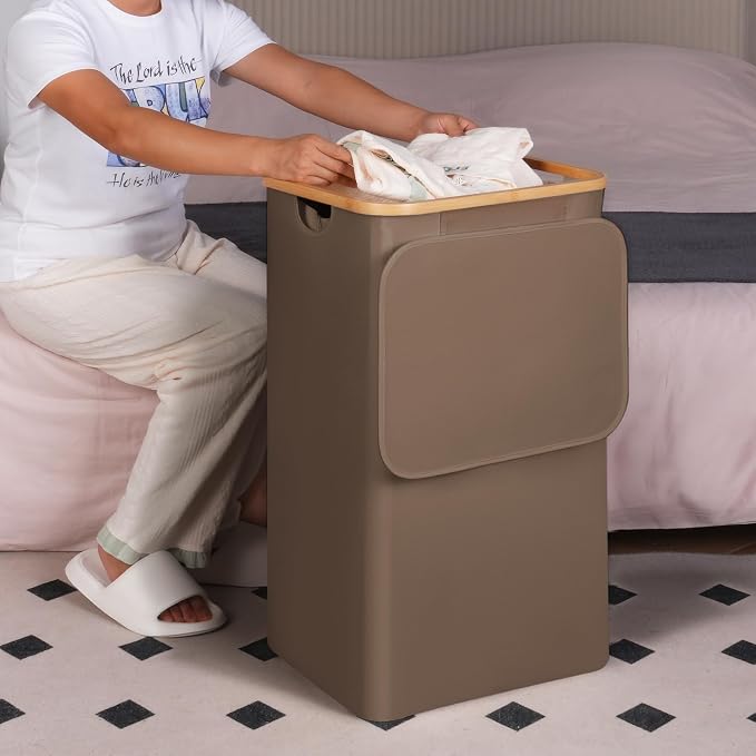 26 Gal Laundry Basket with Lid and Net Bag, Tall Laundry Hamper with Bamboo - Image 5