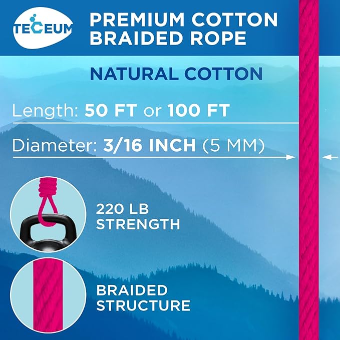 TECEUM Cotton Rope 3/16” – 100 FT – Strong All-Purpose Braided Rope – Natural - Image 2