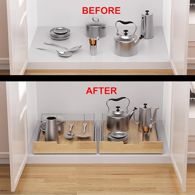 Pull Out Cabinet Organizer, Heavy-Duty Slide Out Shelf, Wood And Wire Basket - Image 6