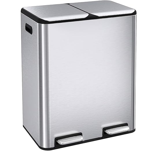 16 Gal Dual Trash Can, Stainless Steel Kitchen Garbage Bin, Recycle Dustbin by ComfyCorner