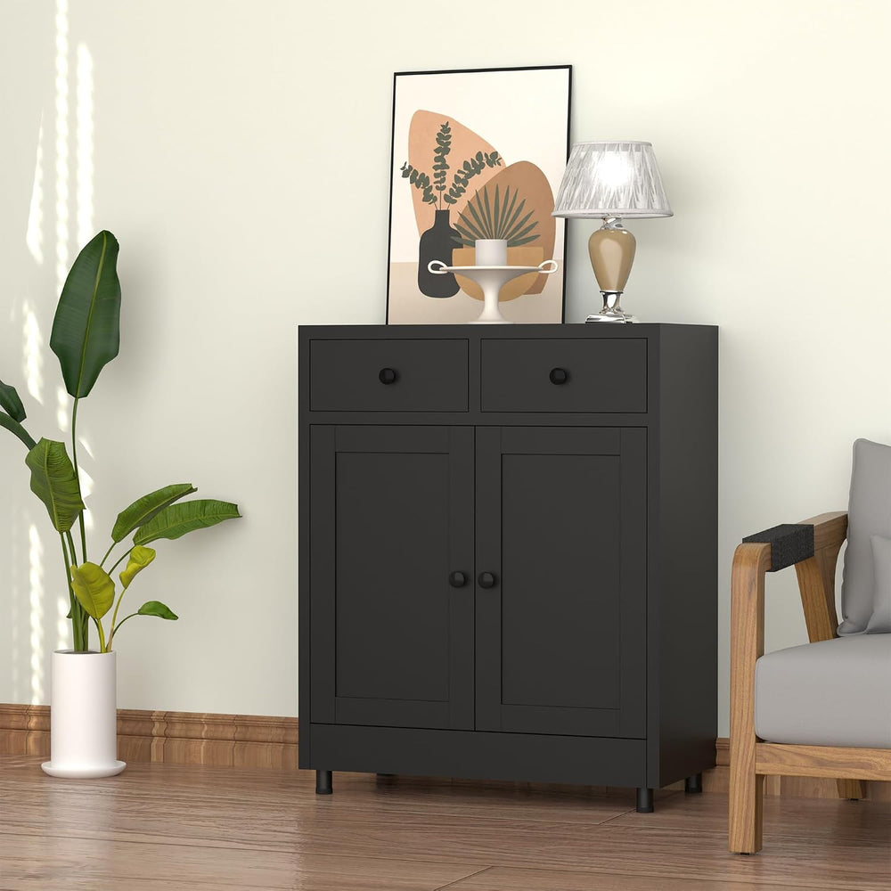 Metal Storage Cabinet with 2 Drawers and Adjustable Shelf, Sideboard Buffet C...