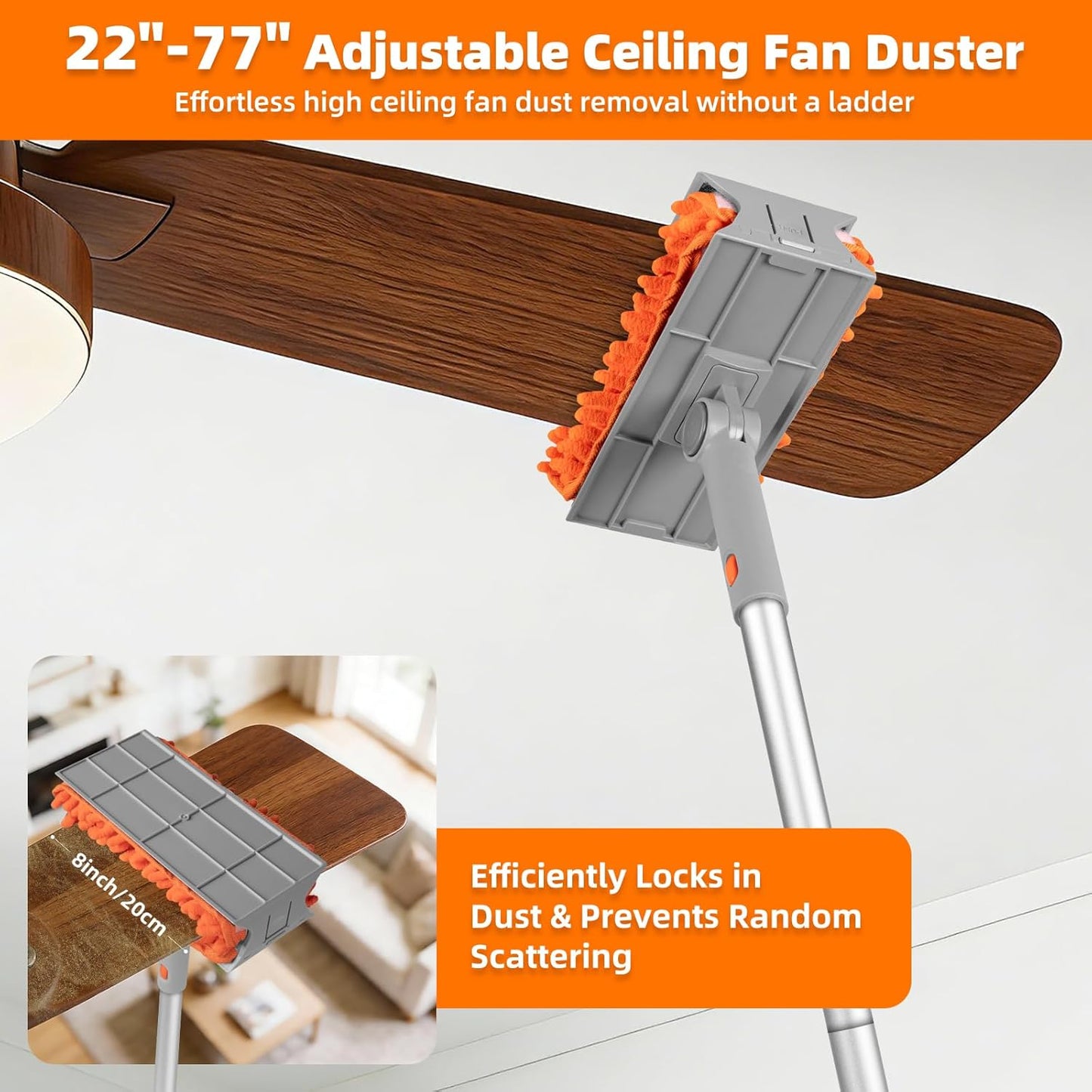 Ceiling Fan Cleaner Duster with 6 Ft/77'' Extension Pole Multi-Functional Chenille Duster Cleaner Kit for Cleaning Fan Blade, Baseboard, Blind, Cobweb, High Ceiling Walls - Reusable & Machine Washable