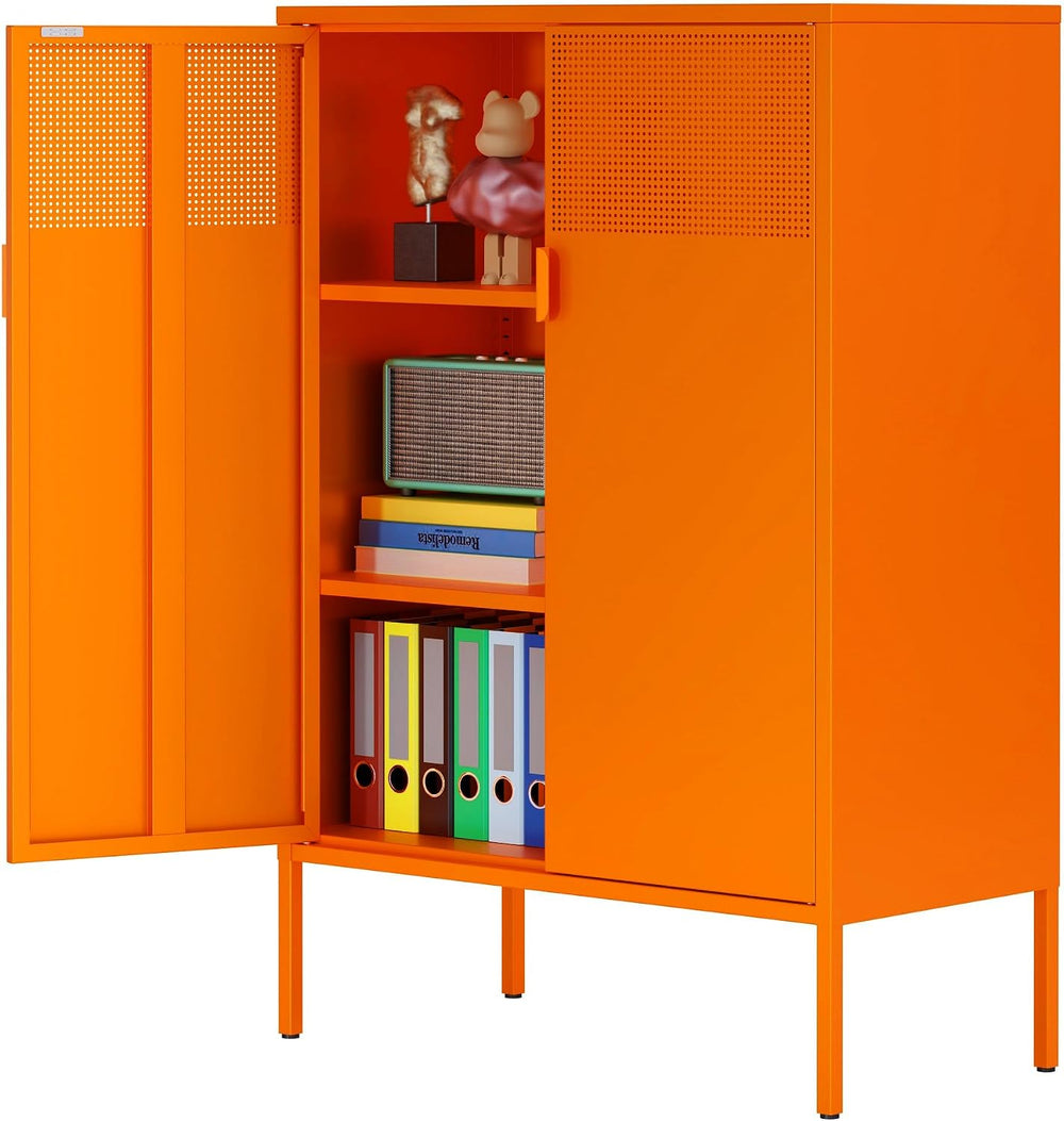 Ustamio Orange 3 Tier Metal Storage Cabinet with Legs, 2 Door Metal Locker St...
