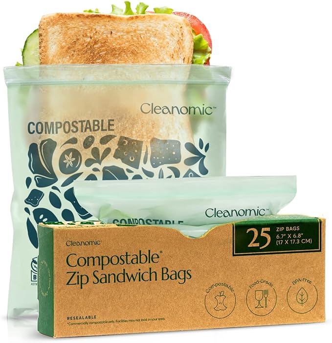 Cleanomic Compostable* Sandwich Size Food Storage Bags Freezer and Leak Proof by Cleanomic
