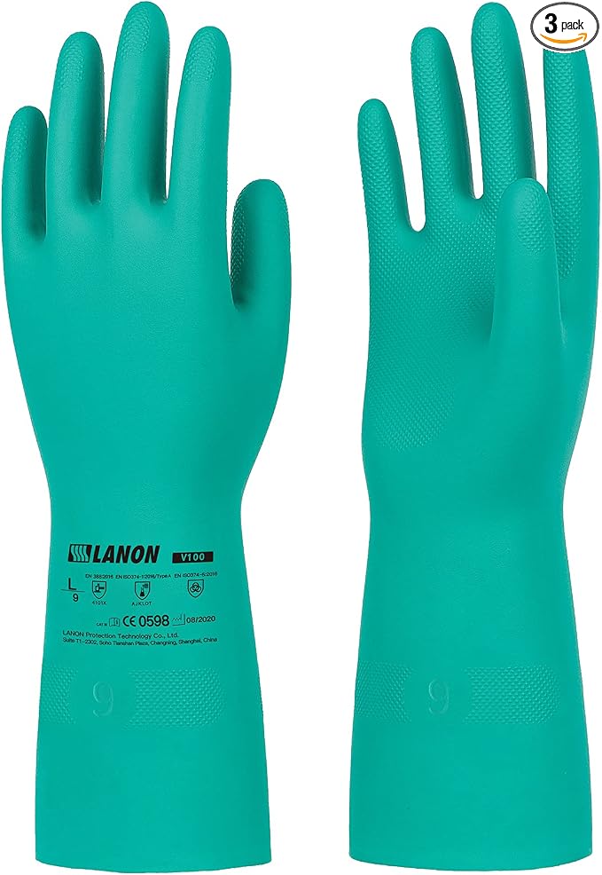 LANON 3 Pairs Nitrile Chemical Resistant Gloves, Reusable Heavy-Duty Rubber by LANONProtection