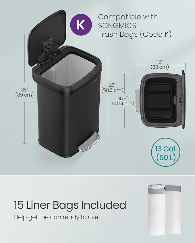 SONGMICS Kitchen Trash Can, 13 Gallon Stainless Steel Garbage Can, - Image 4