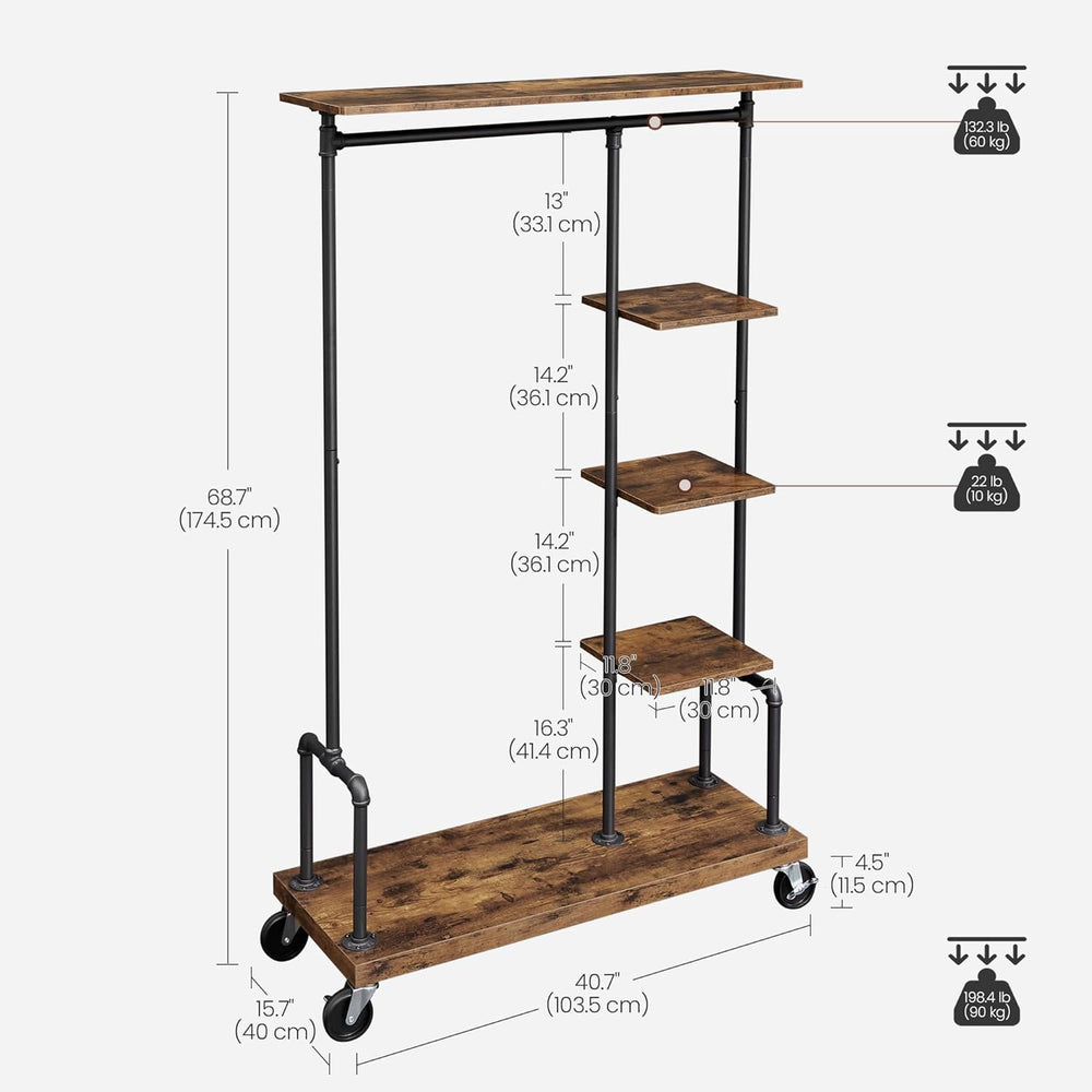 VASAGLE Clothes Rack, 5-Tier Garment Rack on Wheels, Industrial Pipe Style