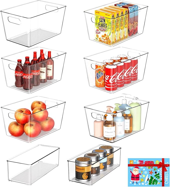 Set of 8 Clear Plastic Storage Bins, 6 Large +2 Small Pantry Organizers and by JOYMEEZO