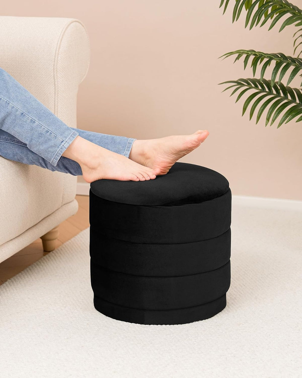 B FSOBEIIALEO 15.4" Round Velvet Storage Ottoman with Tray, Black