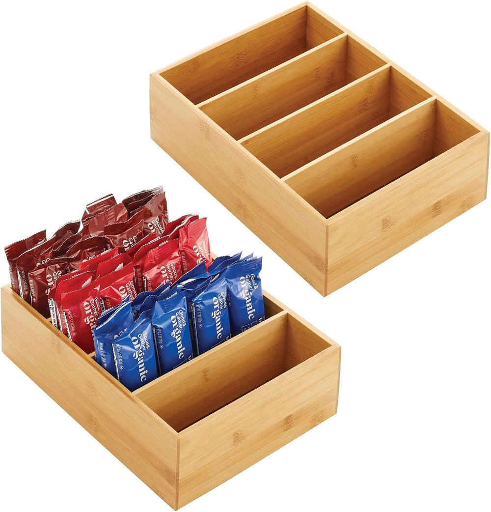 mDesign Bamboo Wood Food Storage Organizer Box, 4 Section, Divided Compartmen...