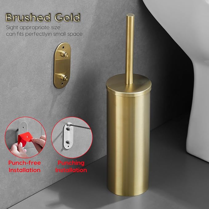 Gold Brushed Stainless Steel Toilet Brush and Cover, No-Punch Hook Base Dual - Image 4