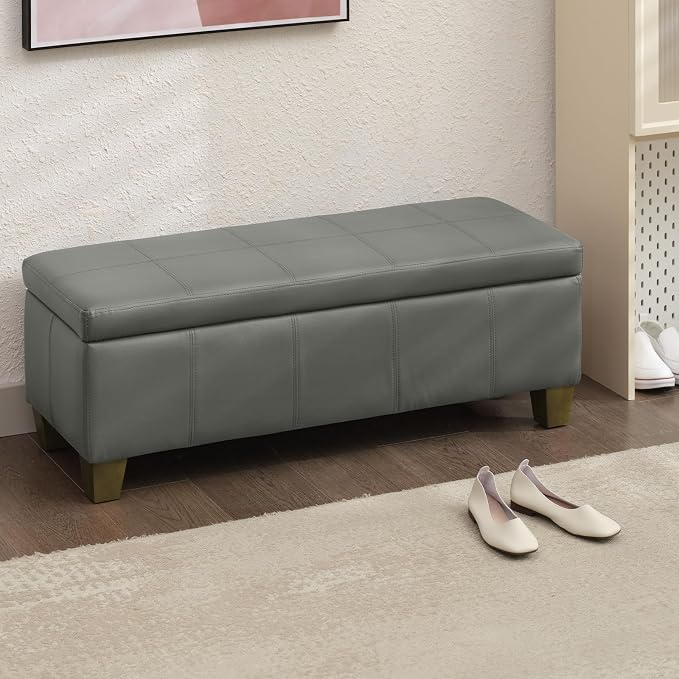 Grey Faux Leather Ottoman with Storage, Rectangular Extra Long Storage Bench - Image 8