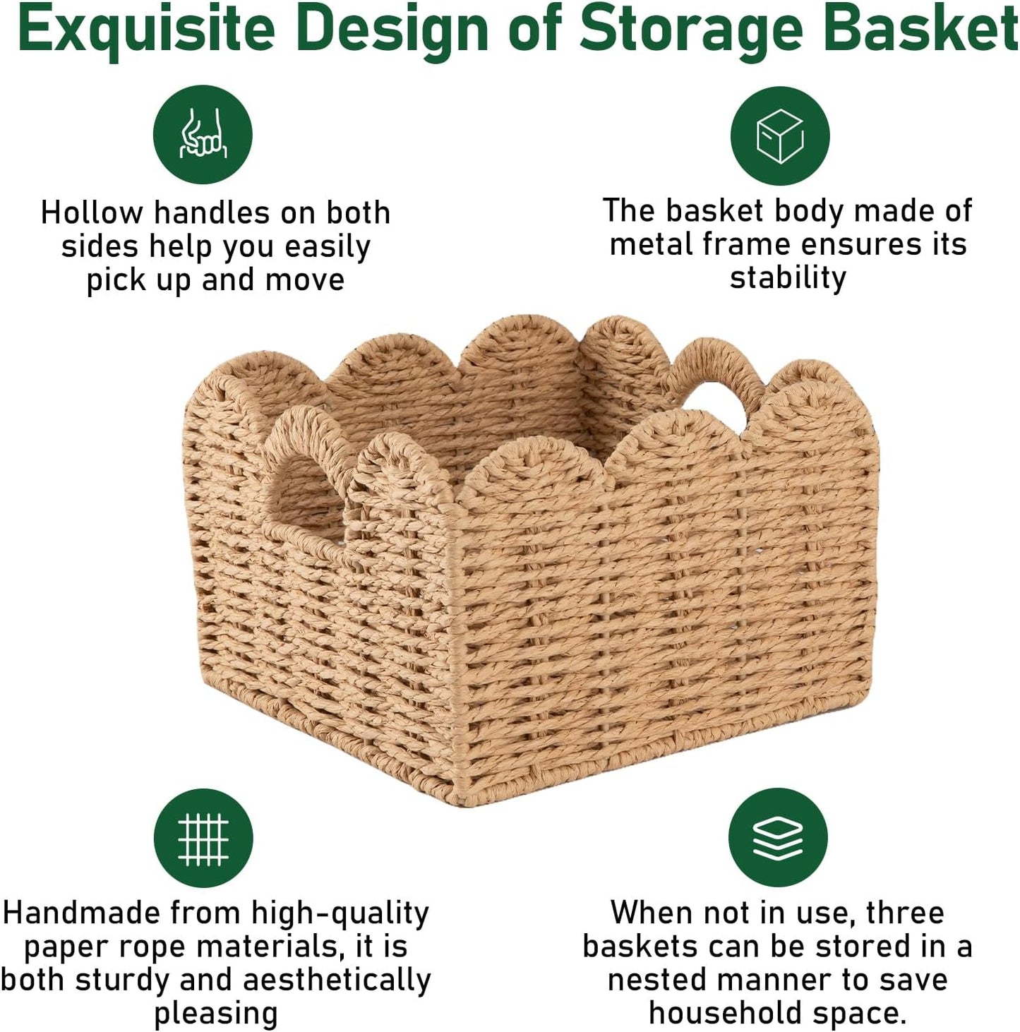 OIAHOMY Scalloped Wicker Baskets, Hand-woven Storage Baskets with Built-in Handles, Paper Rope Shelf Baskets for Organizing and Decoration, Set of 3-Yellow