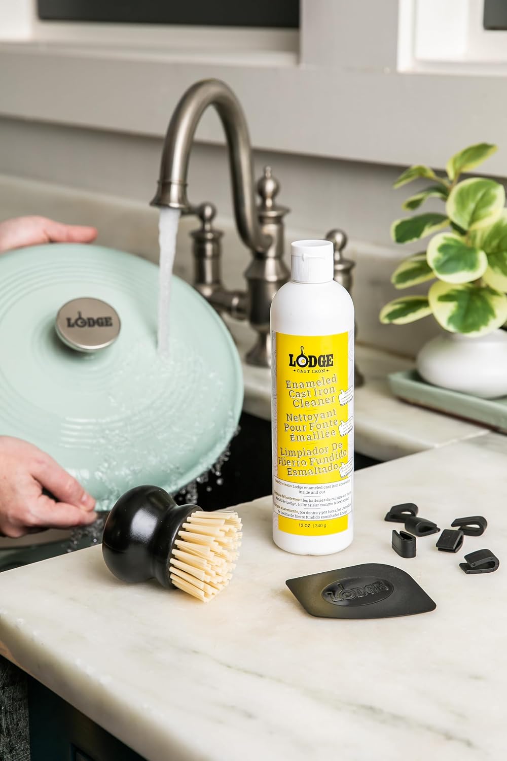 Lodge Enameled Cast Iron and Ceramic Stoneware Care Kit, 5 Piece | 100% Biodegradeable Formula for Enameled Cast Iron & Ceramic Stoneware, Dye and Bleach-Free, Non-Toxic Cleaner