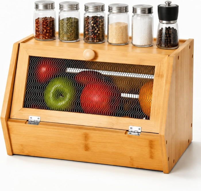 Thyle Bamboo Pantry Organizer and Containers Potato and Onion Storage Bin with Breathable Mesh Door Kitchen Counter Storage Organizer for Vegetable Fruit Dry Goods Farmhouse Bamboo Bread Box
