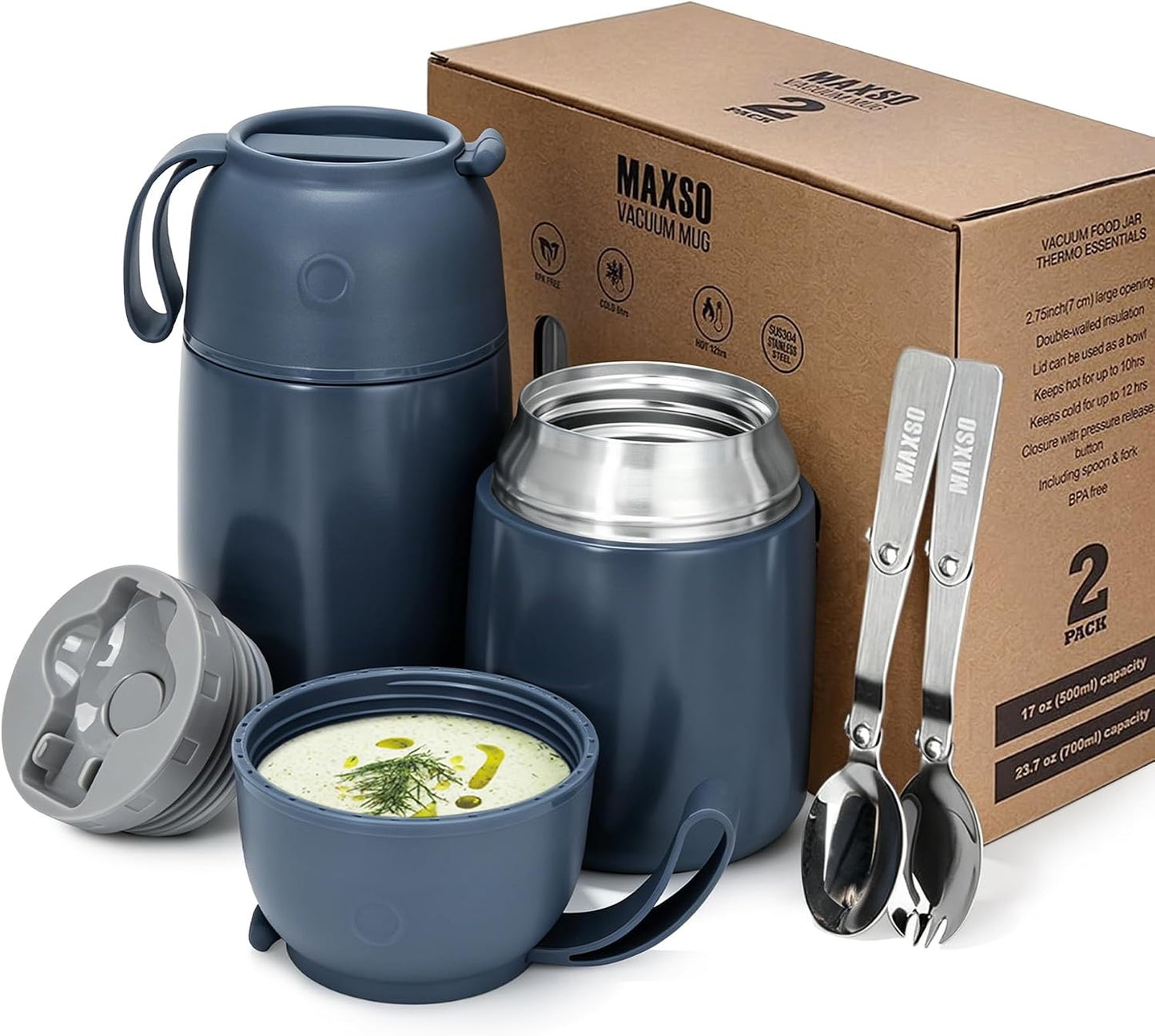 MAXSO 2 Pack Soup Thermo for Hot & Cold Food for Kids Adults, Vacuum Insulated Food Jar Thermal Lunch Containers, Travel Food Flask with Spoon (24 oz,17 oz) (Dusty Blue)