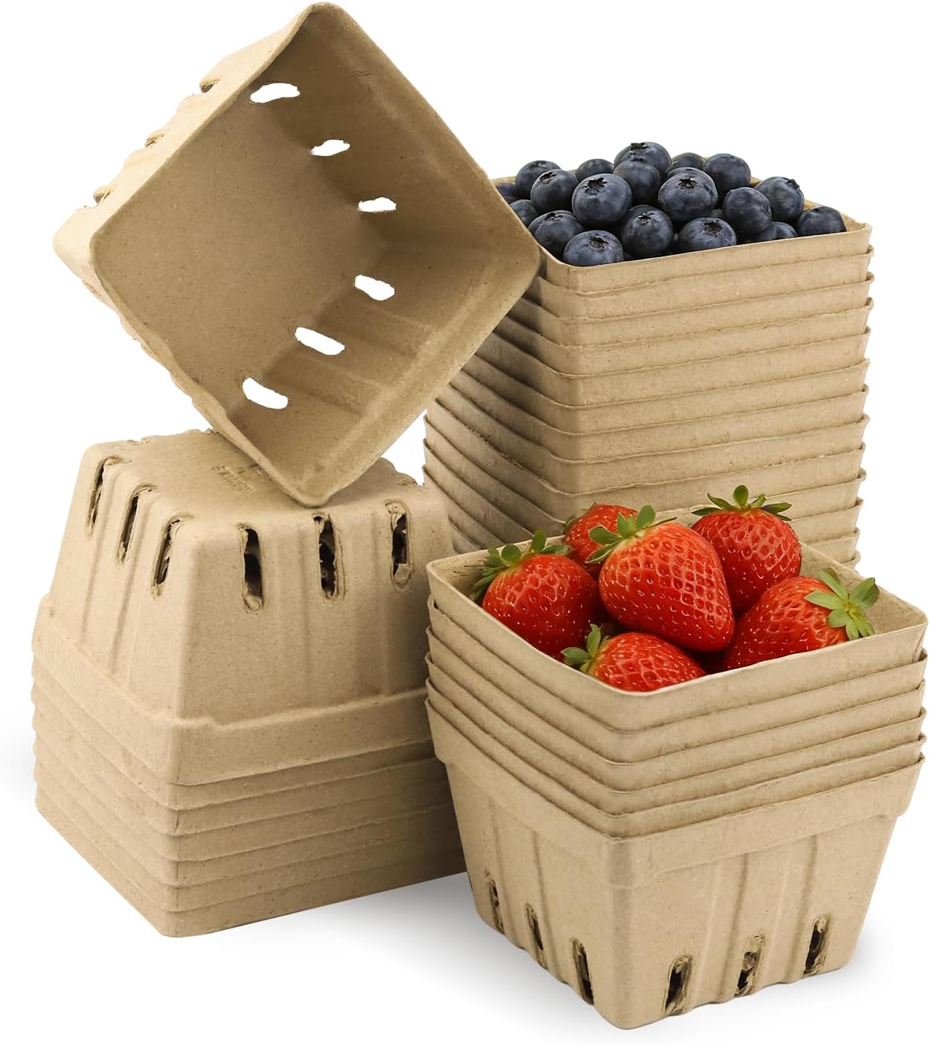 30 Pack Natural Pulp Fiber Berry Basket (4.3x4.3x2.75 Inch), Natural Pulp Produce Baskets & Berry Containers, Vented Strawberry Baskets for Farmers Market Decor, Grocery Store and Kitchen Display