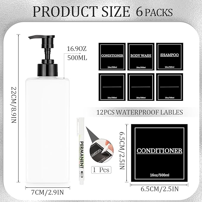Tanlade 6 Pcs Shampoo and Conditioner Dispenser Bottles 16oz Modern Shower Soap - Image 2