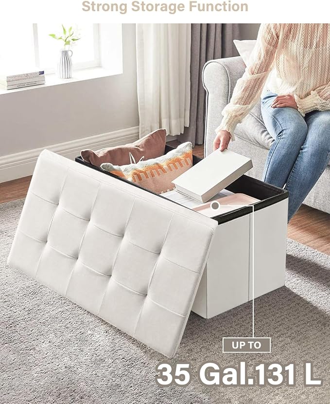 Folding Storage Ottoman, Velvet Storage Bench, Removable Divider, - Image 4