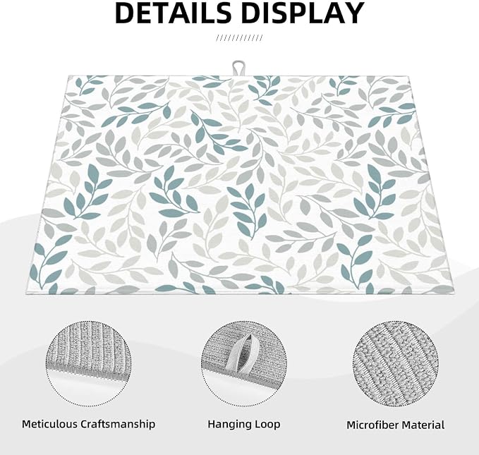 Grey And Blue Leaves Branches Microfiber Absorbent Reversible Dish Drying Mat - Image 4