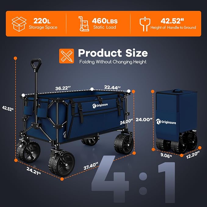 220L Collapsible Wagon Cart Foldable, 460lbs Load Capacity Heavy Duty Folding - Image 4