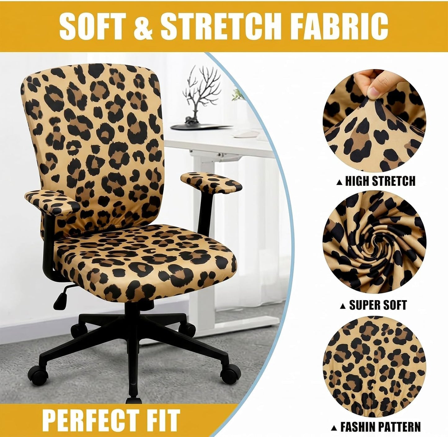 Suncalla 4 Pcs Cheetah Printed Office Chair Covers Set Stretch Leopard Computer Universal Protective Stretchable Chair Seat Covers Washable Desk Armrest Slipcovers Pads for Office Rotating
