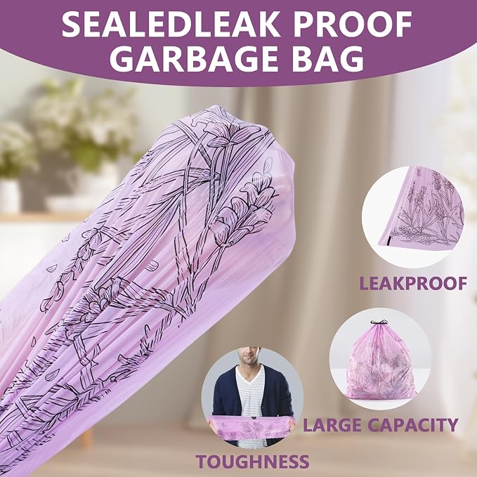 VOK 13 Gallon Trash Bags with Lavender Print & Drawstring, Tear-Resistant Tall - Image 4