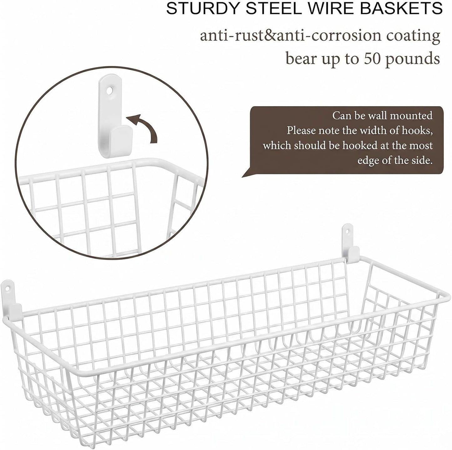 SheeChung Wire Storage Baskets, Metal Toilet Paper Basket Holder, White | 2 Pack Large Hanging Basket, Farmhouse Decor Storage Organizer Bin for Bathroom, Kitchen, Cabinets, Pantry, Closets, Garage