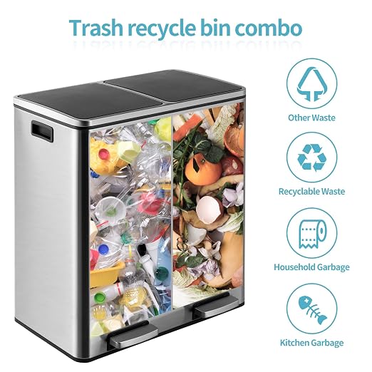 16 Gallon Rectangular Stainless Steel Trash Can, Dual Compartment Garbage Bin - Image 3