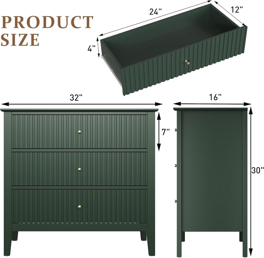 RoyalCraft Large 3 Drawer Dresser Set of 2, Fluted Chest of Drawers with Stor...
