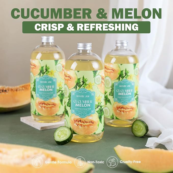 ROMIIE ZOI Liquid Hand Soap Refills Gift Set – Cucumber & Melon Scent – 3 x 26 - Image 3
