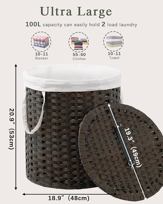 Laundry Hamper with Lid Wicker Laundry Hamper Round 26.5 Gal Laundry Basket - Image 4