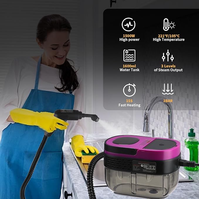 Steam Cleaner, 3-Level Adjustable Handle, 15s Heat-Up, 1.69 Quarts Tank - Image 4
