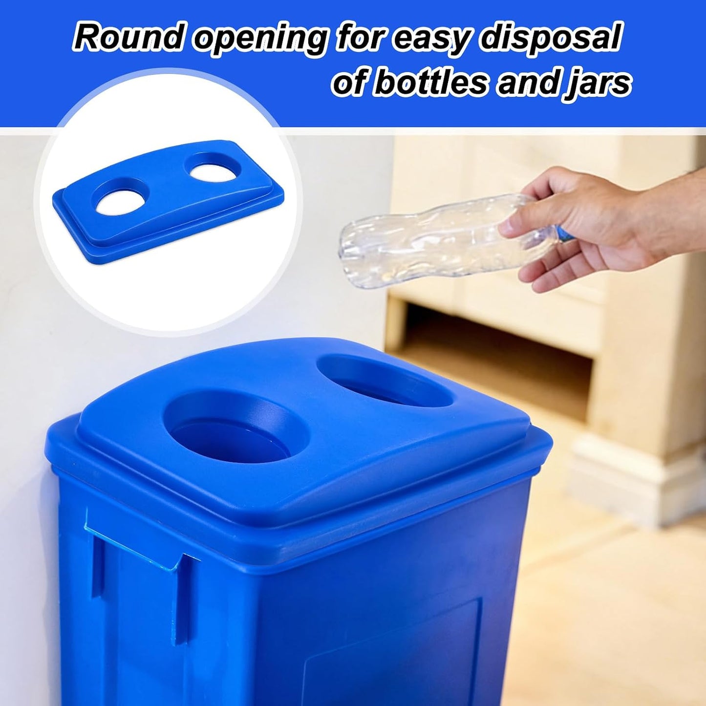 Maxdot 4 Pcs Recycle Bin Lids Each with Two Bottles & Cans Openings Plastic Fit 23 Gallon Slim Trash Can for Waste Recycling Sorting Kitchen Classrooms Offices Outdoor (Blue)