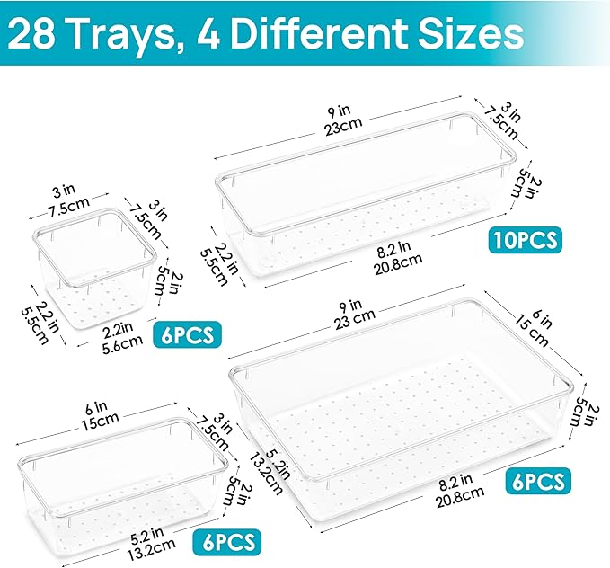 Vtopmart 28 PCS Clear Plastic Drawer Organizers Set, 4-Size Bathroom and Vanity - Image 6