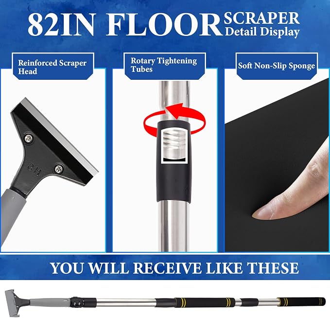 Floor Scraper Telescopic Pole, 38 to 82in Heavy Duty 4Inch Razor Blade Long - Image 3