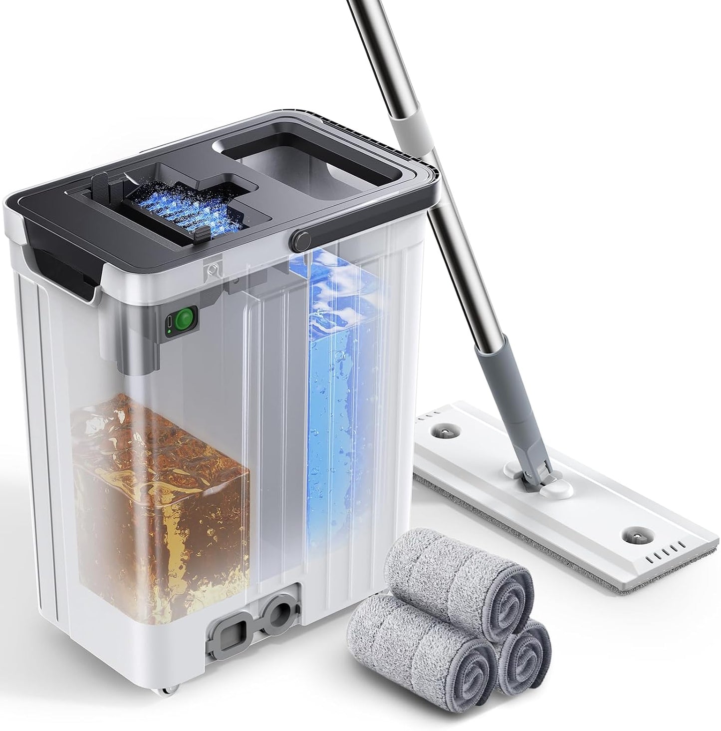Mop and Bucket Set | Auto-Spray Cleaning | Dirty Water Separation Keep Water Fresh | Flat Mop & Bucket with Wringer | 3x Washable Pads | High-efficiency Cleaning for All Floors Tile Wall Window