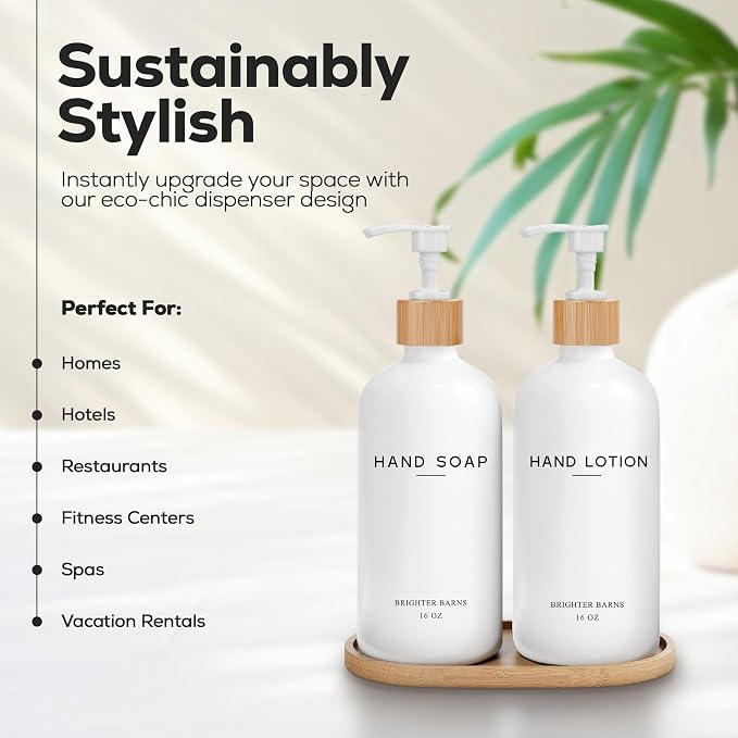 White Glass Soap and Lotion Dispenser Set - Image 2
