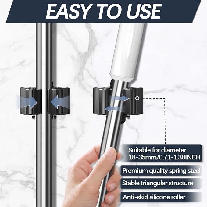 3-H Stainless Steel Broom Holder Wall Mount 6-Pack- Heavy Duty Mop Organizer - Image 5