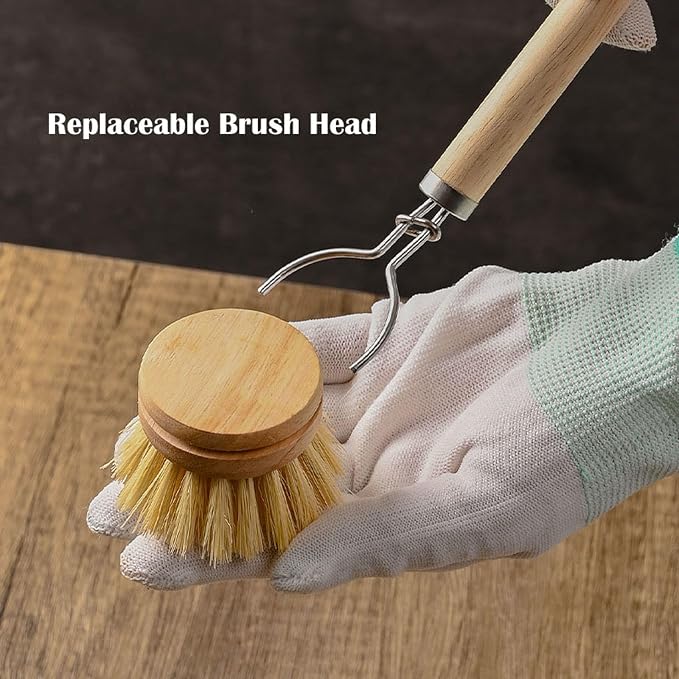 Bamboo Dish Brush with Handle, 1 Sturdy Wooden Handle with 3 Natural Bristle - Image 6
