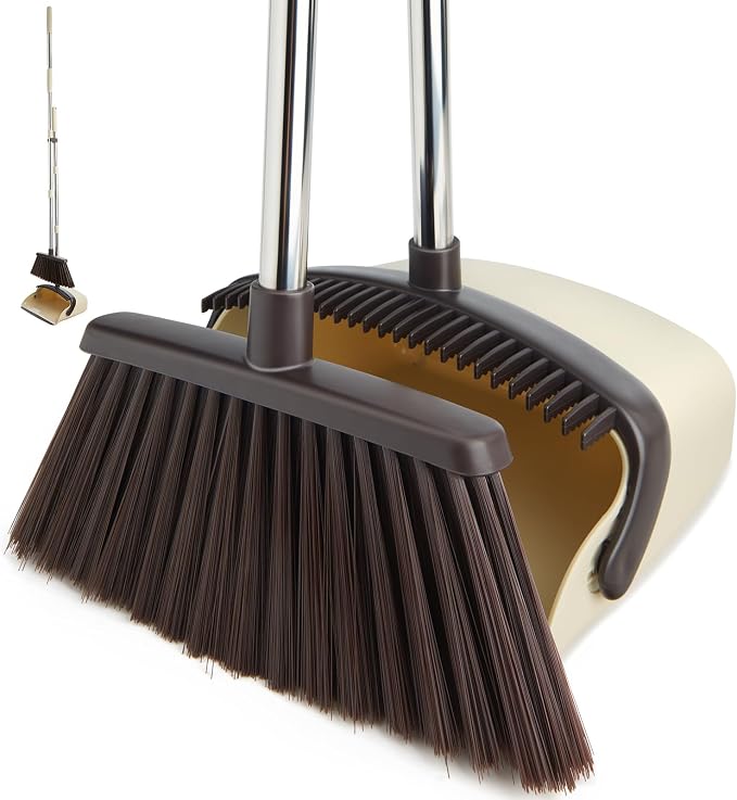 Broom and Dustpan Set with Long Handle, Heavy Dust Broom and Dustpan Combo by XXFLOWER